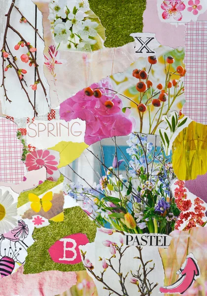 Frühlingsatmosphäre Farbe blau, rosa, grün, gelb und pastellfarbene Mood Board mit zerrissenem Magazin und Druckpapier mit Blumen, Herzform, Vögeln, Buchstaben, Schildern, Farben und Texturen — Stockfoto