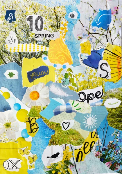 Spring season Atmosphere color blue, pink,green, yellow and pastel mood board with teared magazine and printed matter  paper with flowers, heartshape, birds, letters, signs,colors and textures — Stock Photo, Image