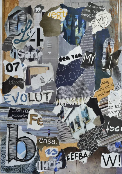 Atmosphere mood board collage sheet en color azul, gris y marrón hecho de papel de revista desgarrado con figuras, letras, colores y texturas, resultados en arte marino de la naturaleza — Foto de Stock