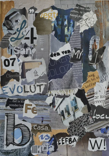 Sfeer mood board collage blad in kleur blauw, grijs en bruin gemaakt van tijdschrift papier gescheurd met cijfers, letters, kleuren en texturen, resulteert in natuur zee kunst — Stockfoto