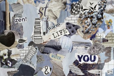 mood board ,collage atmosphere sheet  with natural elements with ice blue, white, black and gray, and blue with hearts , butterflies, flowers and books clipart