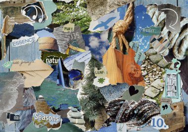 Atmosphere mood board collage sheet in color blue, grey and brown made of teared magazine paper with figures, letters, colors and textures, results in nature sea art clipart