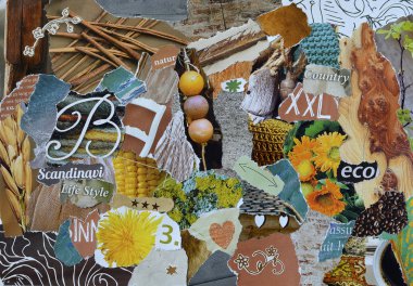 mood board ,collage atmosphere sheet  with natural elements in yellow, brown,blue and green colors clipart