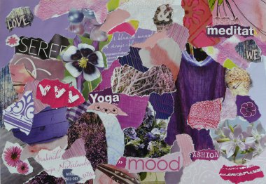 Atmosphere  mood board collage sheet  in purple,pink and indigo color made of teared magazine paper with figures, letters, colors and textures, results in sereneart clipart