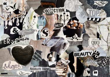 mood board ,collage atmosphere sheet  with elegance elements with white, black and gray, and blue with heart , butterflies, ballet,flowers , home,and fabrics clipart