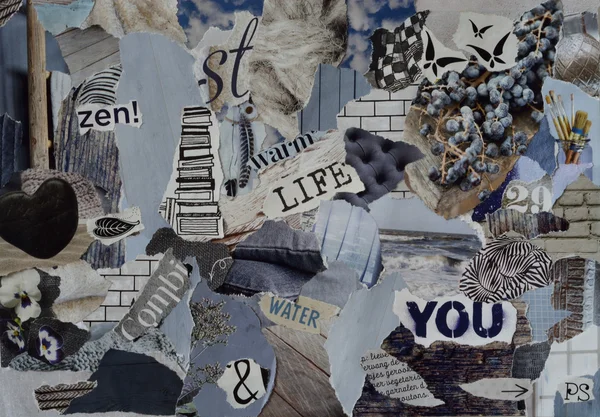 mood board ,collage atmosphere sheet  with natural elements with ice blue, white, black and gray, and blue with hearts , butterflies, flowers and books