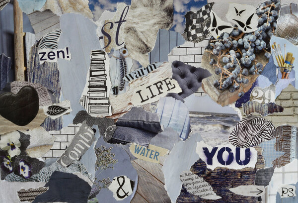 mood board ,collage atmosphere sheet  with natural elements with ice blue, white, black and gray, and blue with hearts , butterflies, flowers and books