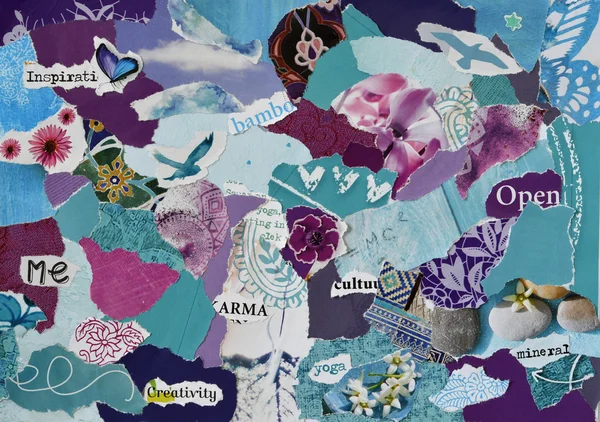 Atmósfera color aqua, azul, púrpura y rosa serenidad tablero de humor collage hoja hecha de papel de revista desgarrado con figuras, letras, colores y texturas, resultados en arte — Foto de Stock