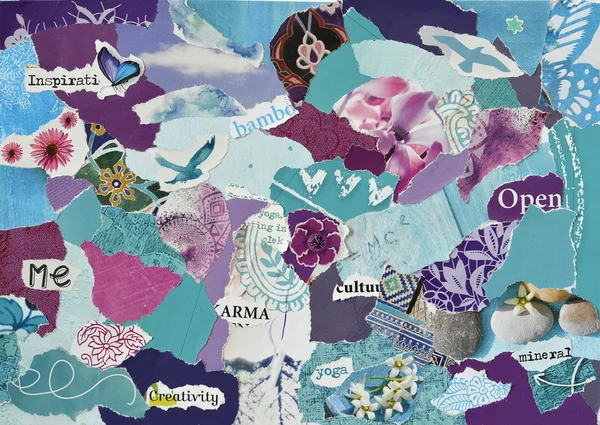 Atmósfera color aqua, azul, púrpura y rosa serenidad tablero de humor collage hoja hecha de papel de revista desgarrado con figuras, letras, colores y texturas, resultados en arte —  Fotos de Stock