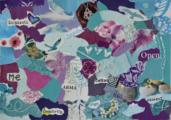 Couleur de l'atmosphère aqua, bleu, violet et rose feuille de collage de planche d'humeur de sérénité en papier magazine déchiré avec des chiffres, des lettres, des couleurs et des textures, résultats dans l'art — Photo