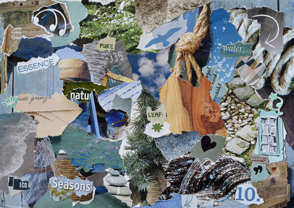 Atmosphere mood board collage sheet in color blue, grey and brown made of teared magazine paper with figures, letters, colors and textures, results in nature sea art