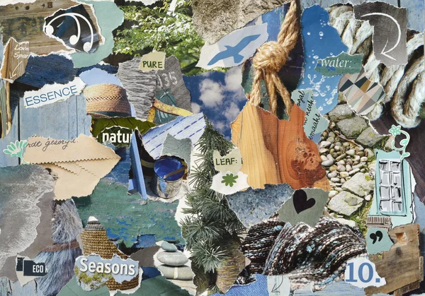 Atmosphere mood board collage sheet in color blue, grey and brown made of teared magazine paper with figures, letters, colors and textures, results in nature sea art — Stock Photo, Image