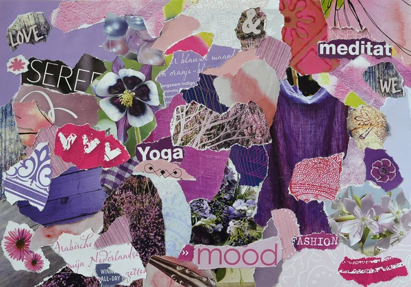 Foglio collage atmosfera mood board in colore viola, rosa e indaco realizzato in carta stracciata rivista con figure, lettere, colori e texture, risultati in sereneart — Foto Stock