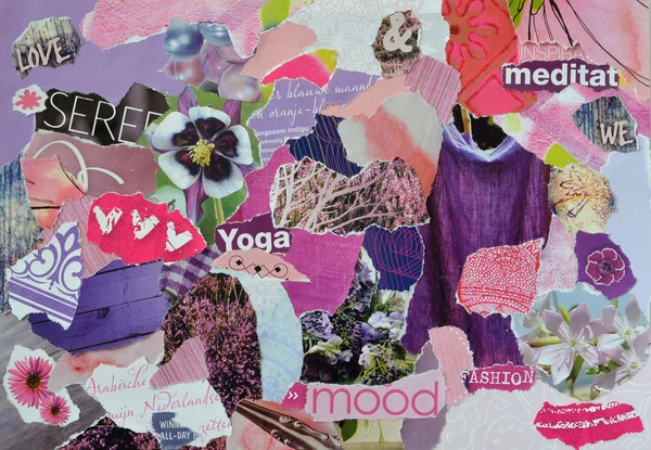 Feuille de collage de panneau d'ambiance de l'atmosphère en couleur pourpre, rose et indigo en papier magazine déchiré avec des chiffres, des lettres, des couleurs et des textures, résultats dans sereneart — Photo