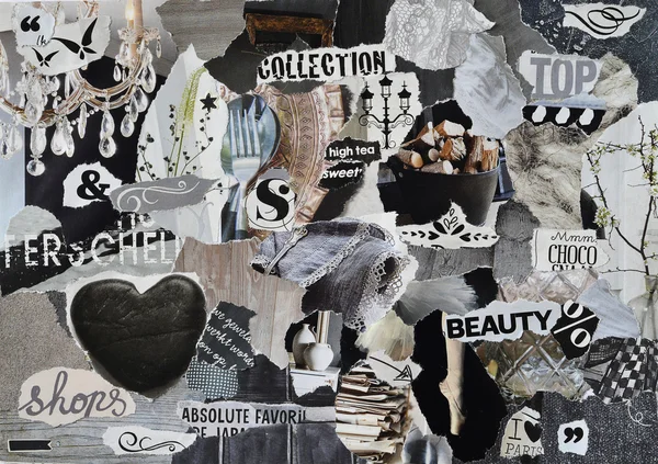 Mood board ,collage atmosphere sheet  with elegance elements with white, black and gray, and blue with heart , butterflies, ballet,flowers , home,and fabrics — Stock Photo, Image