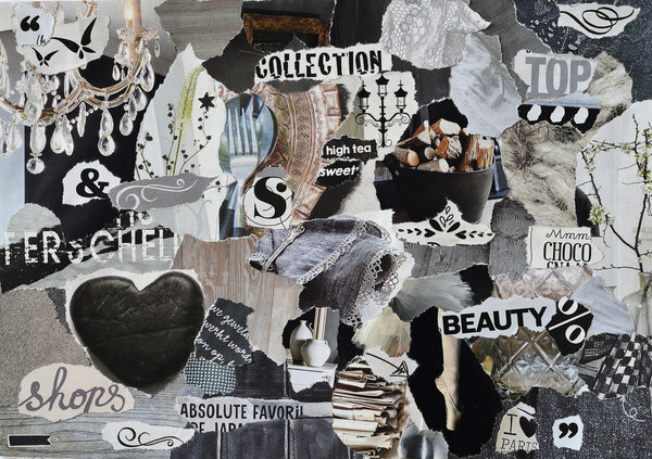 mood board ,collage atmosphere sheet  with elegance elements with white, black and gray, and blue with heart , butterflies, ballet,flowers , home,and fabrics