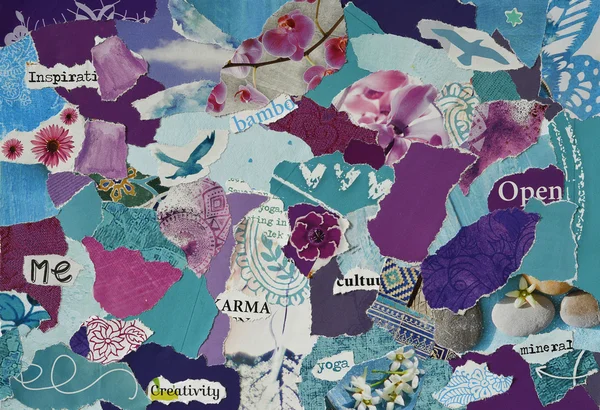 Atmosfär färgen aqua, blå, lila och rosa serenity humör styrelsen collage blad gjorda av teared papper med siffror, bokstäver, färger och texturer, resulterar i konst — Stockfoto