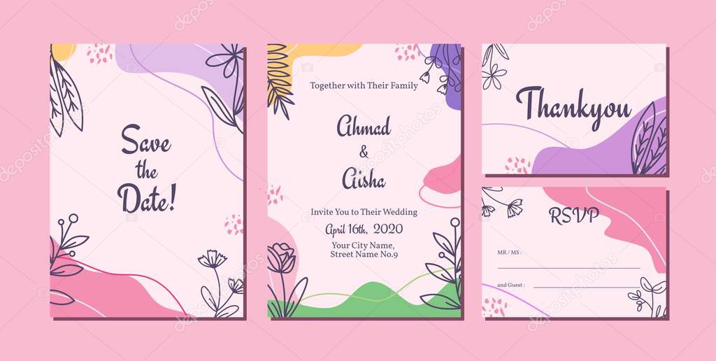 Pinky floral and leaves doodle wedding invitation set. spring and summer season related theme