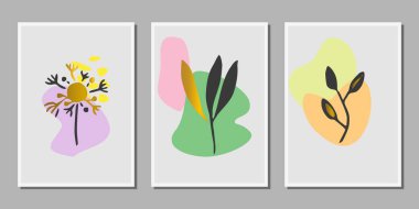 Altın botanik duvarı sanatı. Yapraklar soyut şekilli karahindiba çizimleri yapar. Baskı, kapak, duvar kağıdı, sosyal medya, asgari ve doğal duvar sanatı için bitki sanatı tasarımı. toprak tonu boho vektör illüstrasyonu