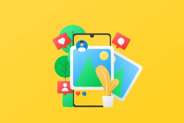 Sosyal medya fotoğraf illüstrasyonu konsepti. Cep telefonundaki sosyal platform uygulaması