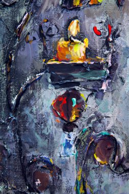 Cam mavisi bir sürahi, iki mum, şamdan, böğürtlen ve rowan yapraklı resimli natürmort. Karışık teknikte akrilik ile yapılır..