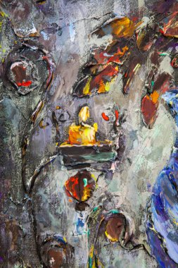 Cam mavisi bir sürahi, iki mum, şamdan, böğürtlen ve rowan yapraklı resimli natürmort. Karışık teknikte akrilik ile yapılır..