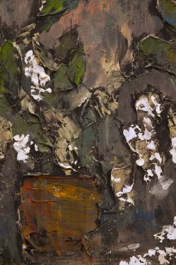 Resimli bir kuş kirazının kırıntısı. Akrilik ve hamur tekniğiyle yapılmış. Karışık teknik..