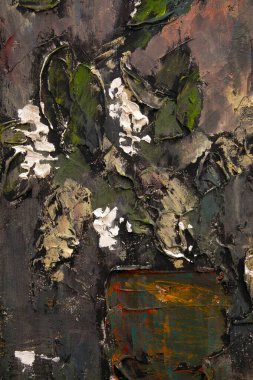 Resimli bir kuş kirazının kırıntısı. Akrilik ve hamur tekniğiyle yapılmış. Karışık teknik..