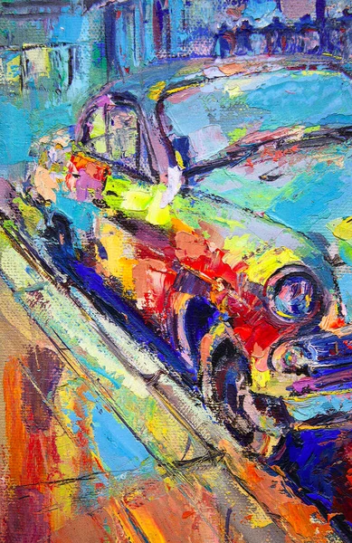 Fragment of a picturesque painting ,a retro car is parked on the road near the sidewalk, the flowing forms of which always attract the eye. Painted in oil on canvas .