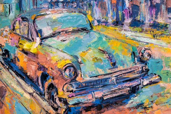 Uma Pintura Pitoresca Carro Retro Está Estacionado Estrada Perto Calçada — Fotografia de Stock