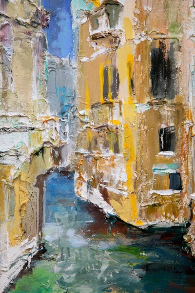 A picturesque Venice landscape is made in a pasty technique,with the use of plaster and acrylic.Sunny houses on narrow streets cast shadow and are reflection in the water.Venice is always enigmatic.