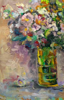 Yağlı boyalarla yapılan resim gibi hayat, içinde güzel bir buket yaban çiçeği olan cam bir vazoyu tasvir ediyor. Renklerin ahenkli bir kombinasyonu yaz havasını taşır..