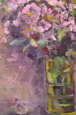 Yağlı boyalarla yapılan resim gibi hayat, içinde güzel bir buket yaban çiçeği olan cam bir vazoyu tasvir ediyor. Renklerin ahenkli bir kombinasyonu yaz havasını taşır..