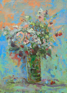 Yağlı boyalarla yapılan resim gibi hayat, içinde güzel bir buket yaban çiçeği olan cam bir vazoyu tasvir ediyor. Renklerin ahenkli bir kombinasyonu yaz havasını taşır..