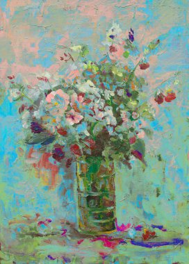 Yağlı boyalarla yapılan resim gibi hayat, içinde güzel bir buket yaban çiçeği olan cam bir vazoyu tasvir ediyor. Renklerin ahenkli bir kombinasyonu yaz havasını taşır..