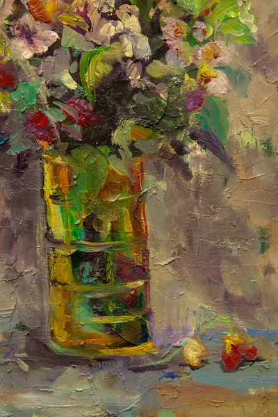 Malebná Zátiší Olejomaleb Znázorňuje Skleněnou Vázu Krásnou Kyticí Divokých Květin — Stock fotografie