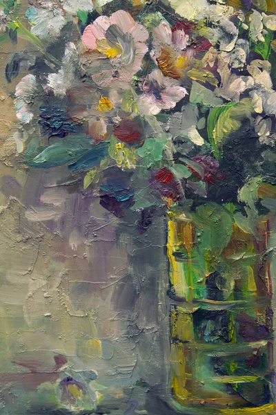 Malebná Zátiší Olejomaleb Znázorňuje Skleněnou Vázu Krásnou Kyticí Divokých Květin — Stock fotografie
