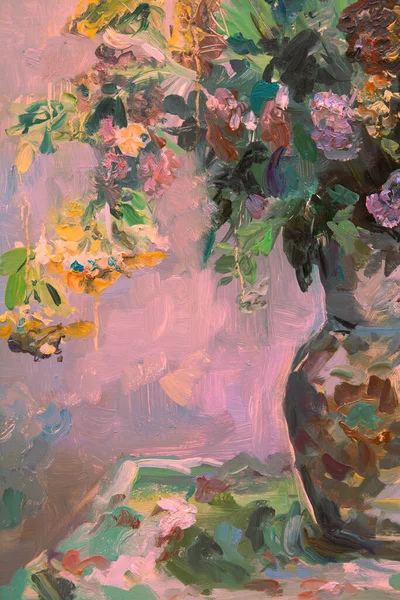 Festői Csendélet Olajfestékekkel Készült Töredéke Egy Agyagedényt Ábrázol Gyönyörű Virágcsokorral — Stock Fotó