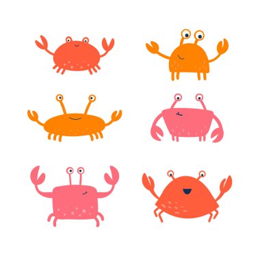 Mutlu kırmızı, pembe, sarı yengeçler. Vektör sevimli karakter. Elle çizilmiş karalama. Beyaz bir arka planda izole edilmiş. Çocuklar için tasarım.