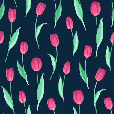 Mavi arka planda pembe laleleri olan kusursuz bir model. Kumaş, tekstil, duvar kağıdı için bahar çiçeği tasarımı.