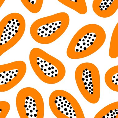 Papaya ile kusursuz desen. Vektör tropikal meyve. Beyaz bir arkaplanda izole edilmiş.