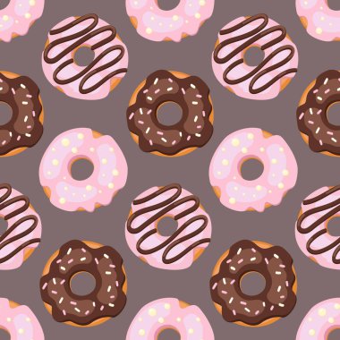 Donutlar jöleli ve pürüzsüz. Kahverengi arkaplanda izole edilmiş vektör illüstrasyonu.