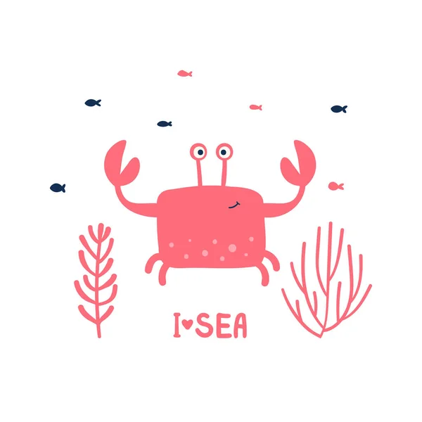 Joyeux Crabe Rose Aux Poissons Aux Algues Vecteur Personnage Mignon — Image vectorielle