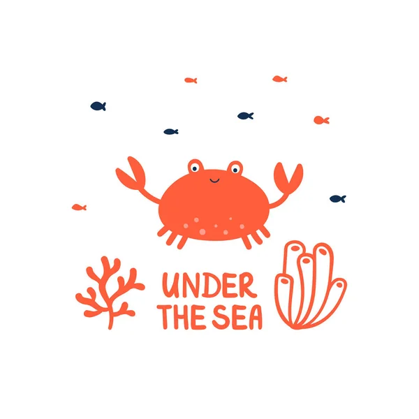 Happy Red Crab Fish Algae Vector Cute Character Lettering Sea — Stock Vector