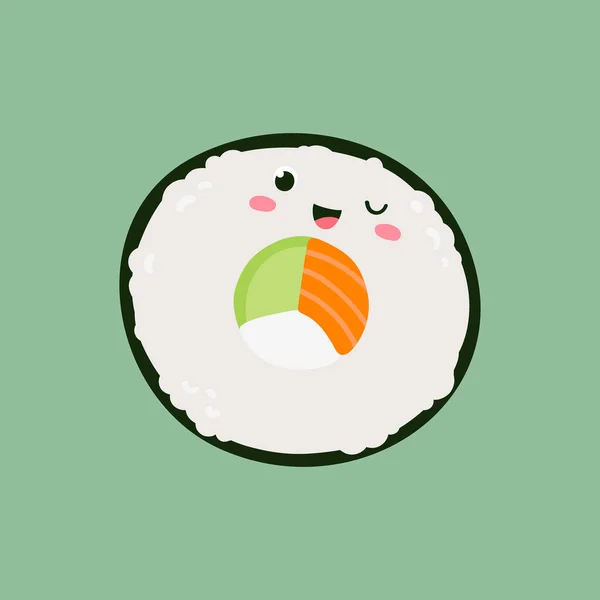 Sushi Roll Maki Con Salmón Vista Superior Lindo Diseño Personaje — Archivo Imágenes Vectoriales