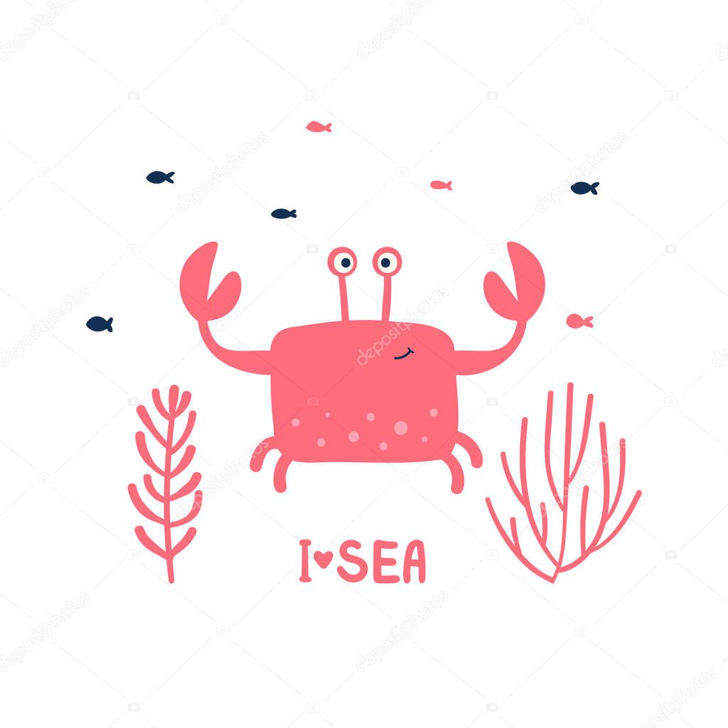 Happy pink crab with fish and algae. Vector cute character. Lettering under the sea. Hand-drawn doodle. Isolated on a white background.