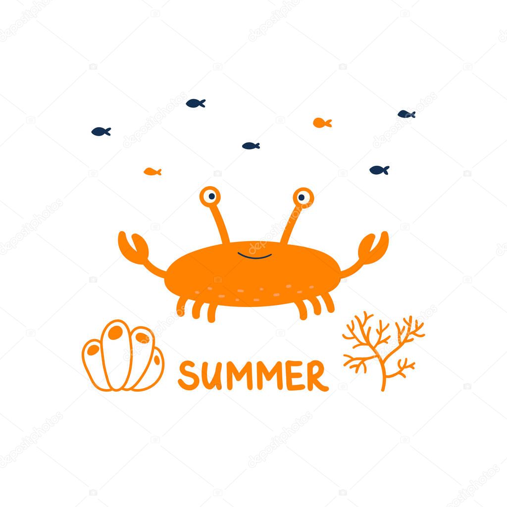 Happy yellow crab with fish and algae. Vector cute character. Lettering under the sea. Hand-drawn doodle. Isolated on a white background.