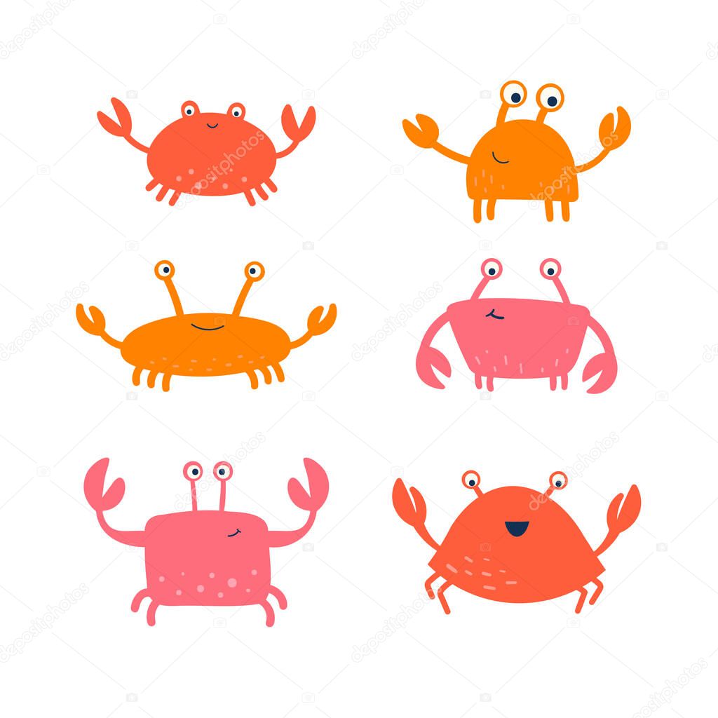 Set of happy red, pink, yellow crabs. Vector cute character. Hand-drawn doodle. Isolated on a white background. Design for children.