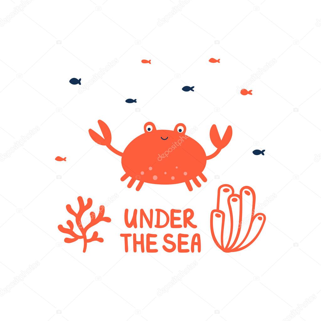 Happy red crab with fish and algae. Vector cute character. Lettering under the sea. Hand-drawn doodle. Isolated on a white background.