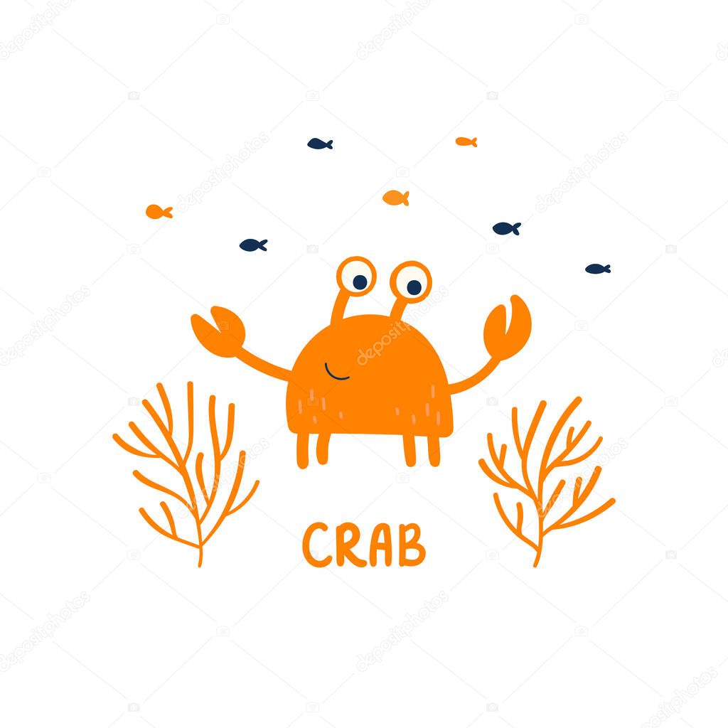 Happy yellow crab with fish and algae. Vector cute character. Lettering under the sea. Hand-drawn doodle. Isolated on a white background.